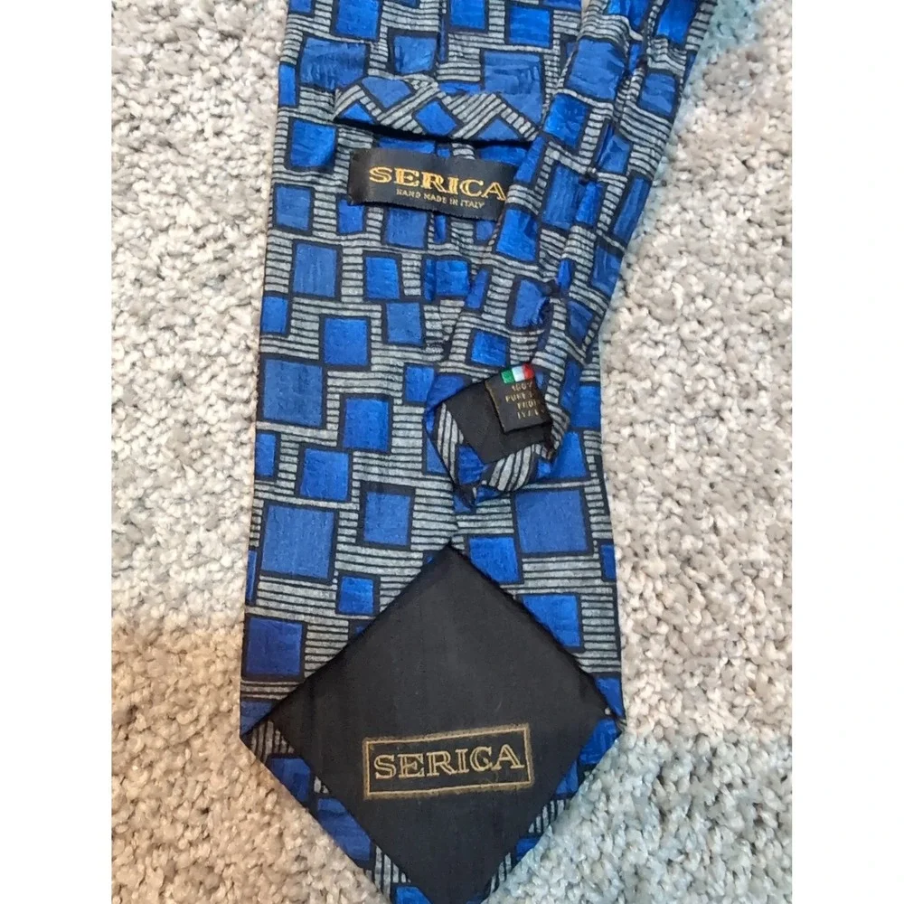 Serica Men‎ Blue Gray Geometric Squares Silk Blend Necktie Handmade in Italy